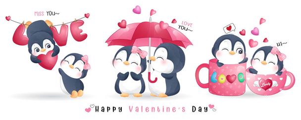 Pinguino carino doodle per la collezione di San Valentino - Vettoriali, immagini