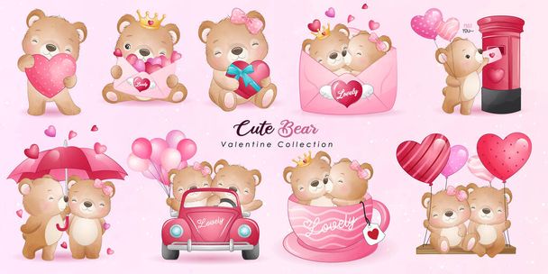 Cute doodle bear with poses collection - Vektor, obrázek