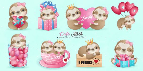 Cute doodle sloth with poses collection - Vector, Image