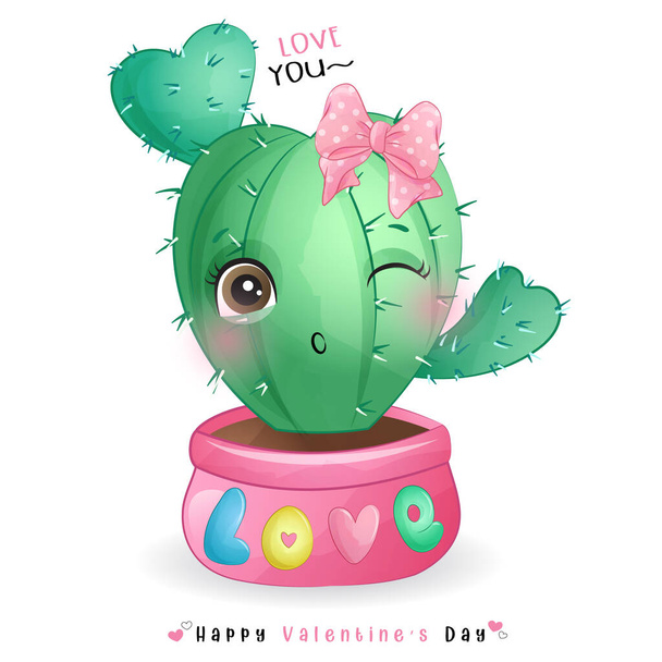 Słodki kaktusów doodle na Walentynki - Wektor, obraz
