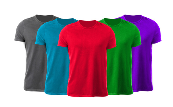 Collection of bright t-shirts on white background - Photo, Image
