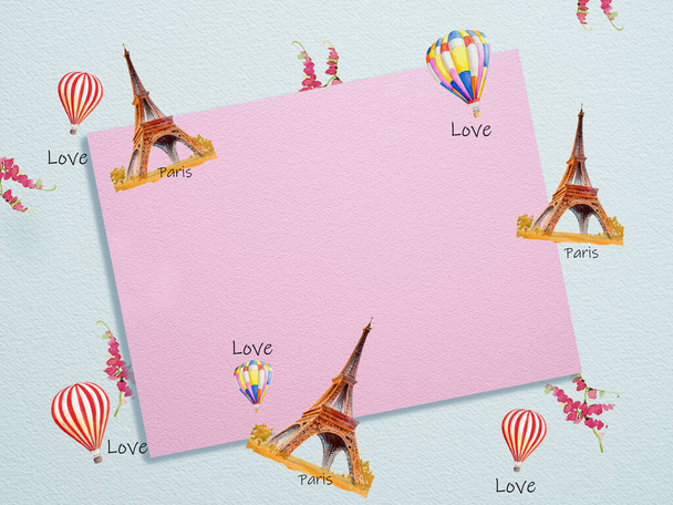 Eiffel tower Paris France with hot air balloon and flower of Christmas & New Year. Watercolor painting paper art illustration with copy space or text postcard poster and banners advertising background. - Photo, Image