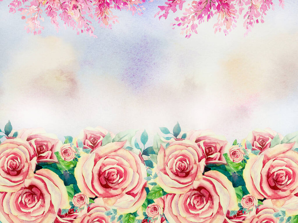 Rozen roze bloemen. Abstract aquarel schilderen illustratie uitnodiging kaart, Valentijnskaart met fel roze roos bloemen op hemel achtergrond, vintage concept klassieke stijl. - Foto, afbeelding