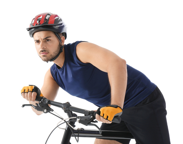 Männlicher Fahrradfahrer auf weißem Hintergrund - Foto, Bild