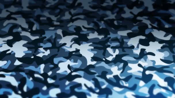 Blauwe camouflage patroon achtergrond. Militair uniform concept. Abstracte lijn en golf textuur. Lusanimatie. - Video
