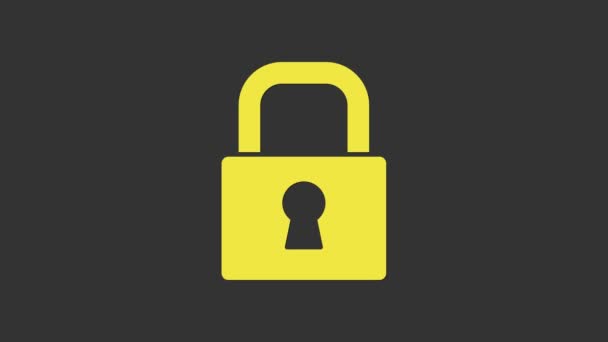グレーの背景に黄色のロックアイコンが隔離されます。南京錠のサイン。セキュリティ、安全性、保護、プライバシーの概念。4Kビデオモーショングラフィックアニメーション - 映像、動画