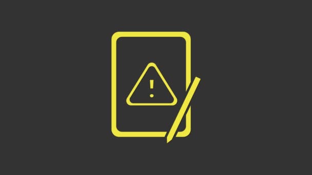 Žlutá grafická tableta s ikonou vykřičníku izolovanou na šedém pozadí. Upozornění na smartphone. Grafická animace pohybu videa 4K - Záběry, video