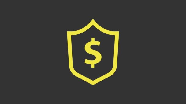 Escudo Amarelo com ícone de símbolo de dólar isolado no fundo cinza. Proteção de escudo de segurança. Conceito de segurança monetária. Animação gráfica em movimento de vídeo 4K - Filmagem, Vídeo