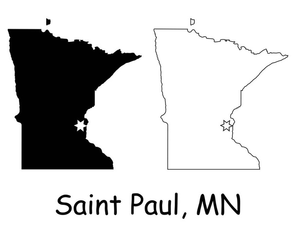 Saint Paul Minnesota MN State Border USA Map (en inglés). Minnesota MN mapa del estado de EE.UU. con Capital City Star en Saint Paul. Silueta negra y contorno aislado sobre fondo blanco. Vector EPS - Vector, Imagen