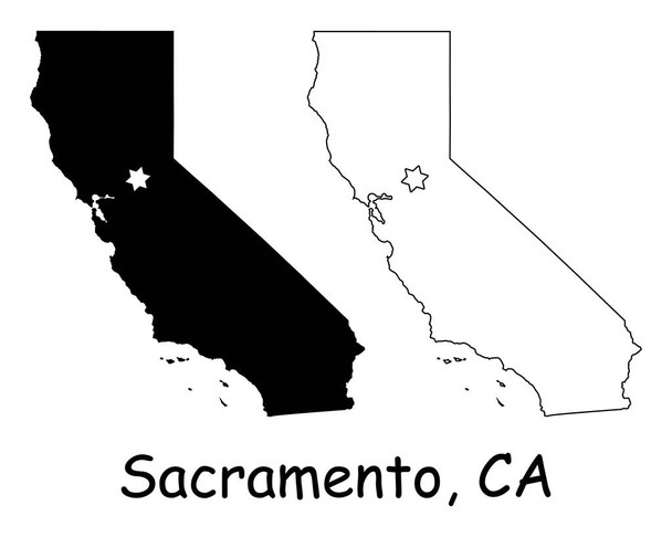 Карта границы штата Калифорния, Сакраменто, США. Карта штата Калифорния США со звездой столицы в Сакраменто. Черный силуэт и очертания изолированных карт на белом фоне. Вектор EPS - Вектор,изображение