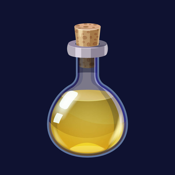 Bottiglia con liquido giallo pozione magica elisir gioco icona GUI. Illustrazione vettoriale per app giochi interfaccia utente isolato stile cartone animato - Vettoriali, immagini