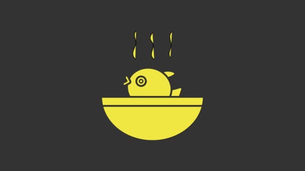 Icono de sopa de pescado Puffer amarillo aislado sobre fondo gris. Fugu pescado pez globo japonés. Animación gráfica de vídeo 4K - Imágenes, Vídeo