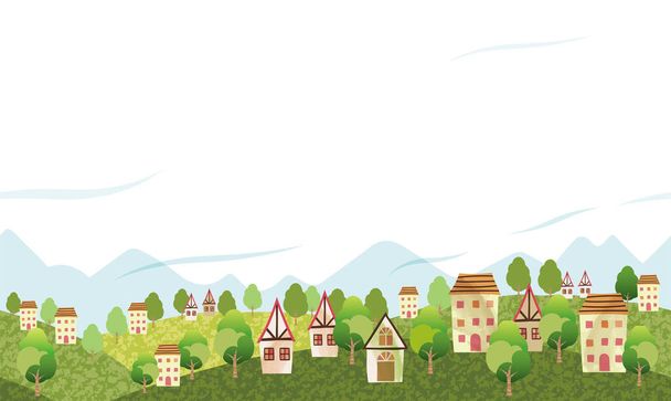 Seamless Hilly Landscape Vector Illustration With A Peaceful Village And Text Space. Horizontally Repeatable. - Vector, Image
