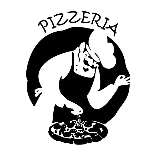 Baker en uniforme con pizza. Logo para una pizzería. Gráficos en blanco y negro. Dibujo dibujado a mano vector. Baker hace pizza - Vector, imagen