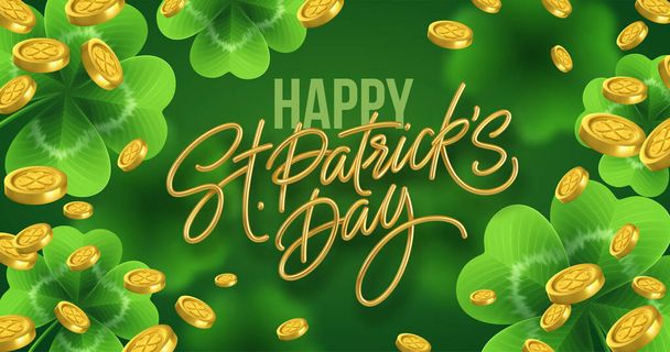 Golden realistic lettering Happy St. Patricks Day με ρεαλιστικά φύλλα τριφύλλι φόντο και χρυσά νομίσματα. Ιστορικό για αφίσα, πανό Happy Patrick. Εικονογράφηση διανύσματος - Διάνυσμα, εικόνα