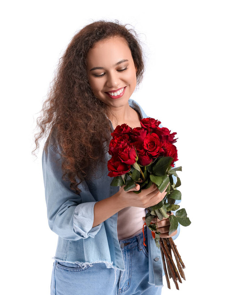 African-American woman with bouquet of beautiful flowers on white background - Foto, Imagem
