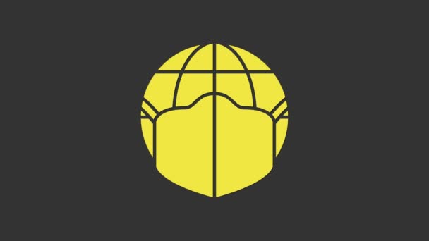 Yellow Earth globe with medical mask icon isolated on grey background. 4K Video motion graphic animation - Footage, Video