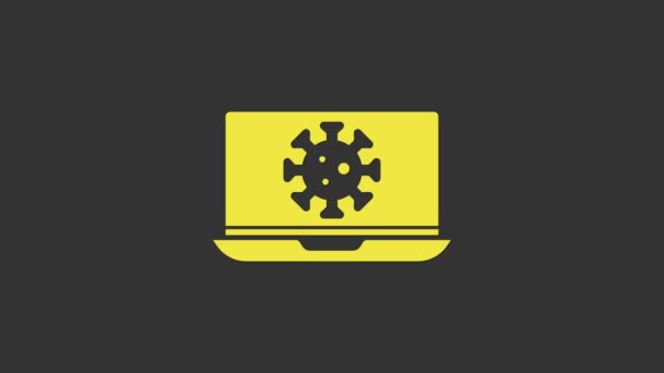 Statistiky žlutého viru na ikonu notebooku izolované na šedém pozadí. Corona virus 2019-nCoV. Bakterie a bakterie, rakovina buněk, mikrobi, houby. Grafická animace pohybu videa 4K - Záběry, video