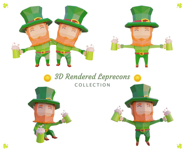 Low-Poly-Leprecon-Zeichen gesetzt. St. Patrick 's Day, 3D-Illustration, gerendert. Sammlung von Körpersprache-Ausdrücken - Foto, Bild