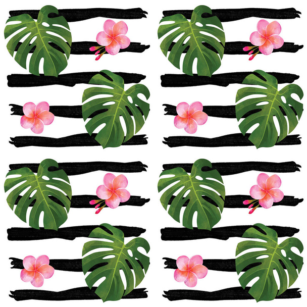 Tropický bezešvý vzor s listy příšery a květy ibišku. Módní exotické letní pozadí. Havajské tričko a textura plavek. - Fotografie, Obrázek