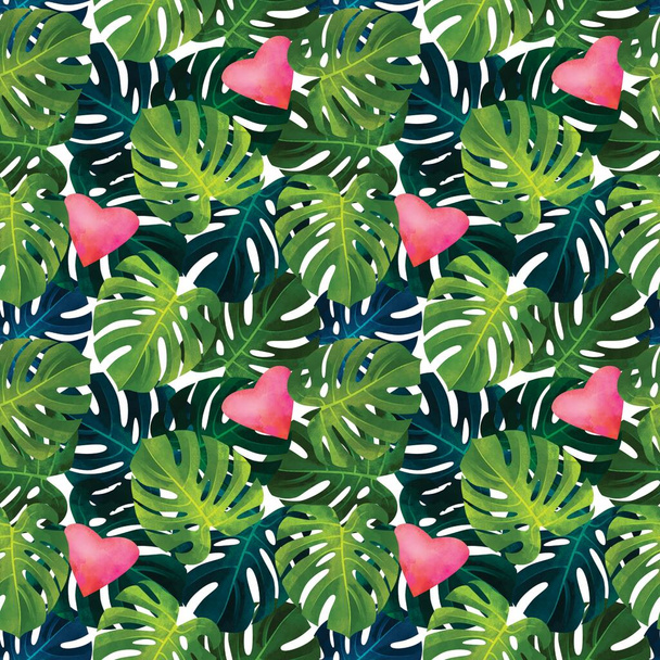 Tropisch naadloos patroon met monstera bladeren en hartjes. Modieuze zomer exotische achtergrond. Hawaiiaanse t-shirt en zwemkleding textuur. - Foto, afbeelding