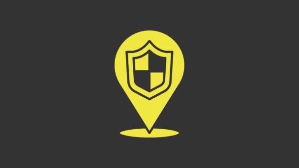 Жовтий значок щита розташування ізольовано на сірому фоні. Концепція страхування. Знак охорони. Безпека, безпека, захист, концепція приватності. 4K Відео рух графічна анімація
 - Кадри, відео