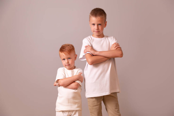 Teenager and Kid Portrait. two brothers. red and blond. small and large boys - Photo, Image