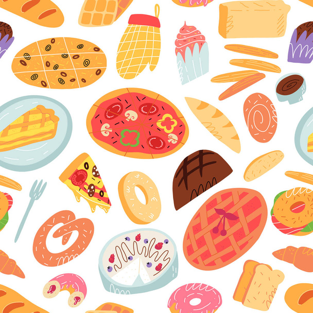 A cartoon seamless pattern with various traditional American, Italian and other bakery, pastry and desserts. - Vector, Image