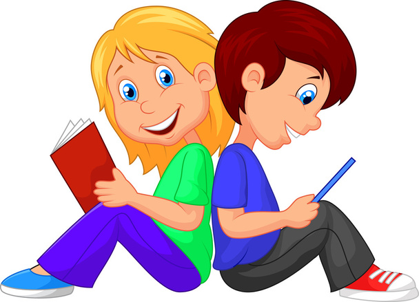 garçon et fille lecture livre - Vecteur, image