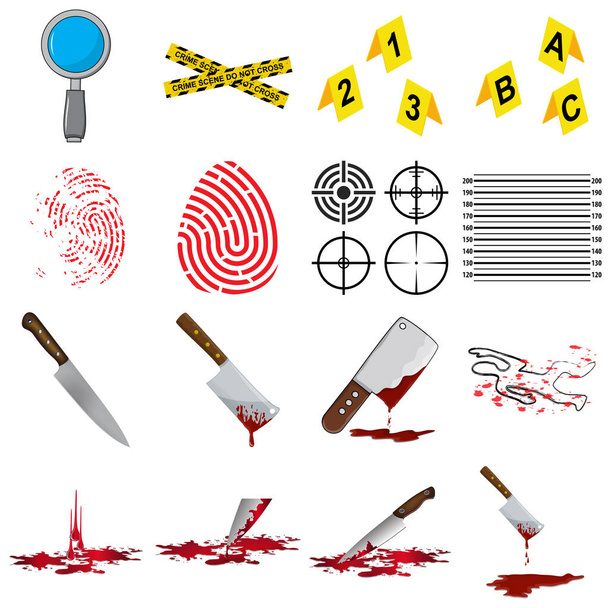 Gyilkosság ikon készlet. Bűnügyi szimbólumok gyűjteménye. Gyilkos nyomozást és véres késelemeket tartalmaz. Törvényszéki illusztrációk elszigetelt fehér háttér.  - Vektor, kép