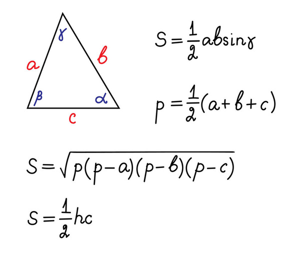 Formeln Bereich eines Dreiecks Bildung, bekommen Klassen, Schulprogramm Höhere Mathematik. Handgeschriebener Mathetext. Isoliert. Vektorillustration - Vektor, Bild