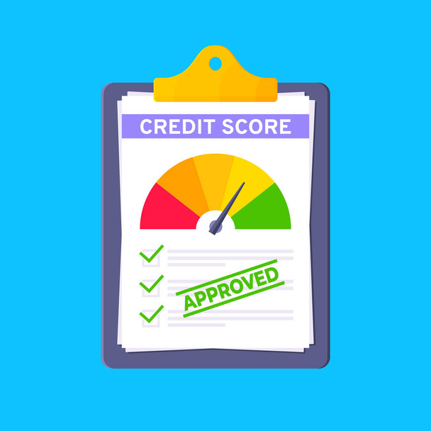 Goedgekeurde credit score gauge snelheidsmeter indicator met kleurniveaus op klembord. - Vector, afbeelding