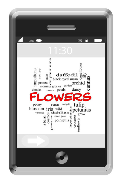 Fleurs Word Cloud Concept sur un téléphone à écran tactile
 - Photo, image