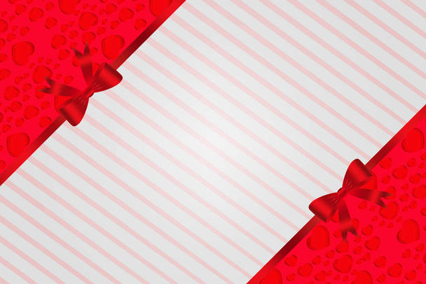 Elegante fondo rojo amor con corazones y rayas y lazo de cinta - Vector, imagen
