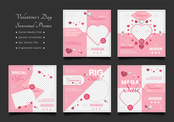 Valentine's day square banner seasonal offer templates. Lovely heart shapes. Pink and White Background. - Vector, Image