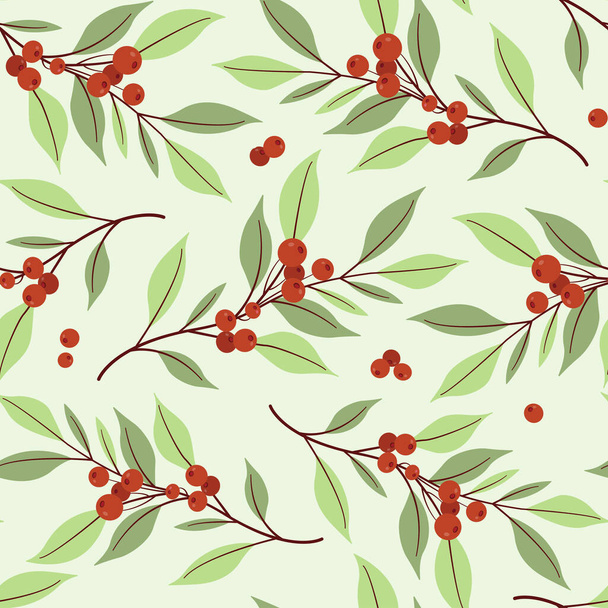 Cranberry seamless pattern. Foliate branches with red berries. Berry design for wrapping paper, packaging, fabric, textile. - ベクター画像
