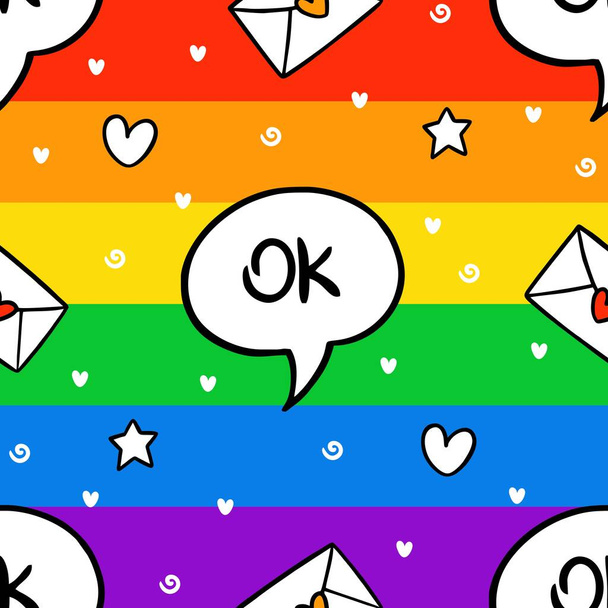 Never ending cute seamless pattern with lgbt rainbow, hearts, bubble and letter. Gay pride. Pride Month. Love, freedom, support, lgbtq+ - Vektor, obrázek