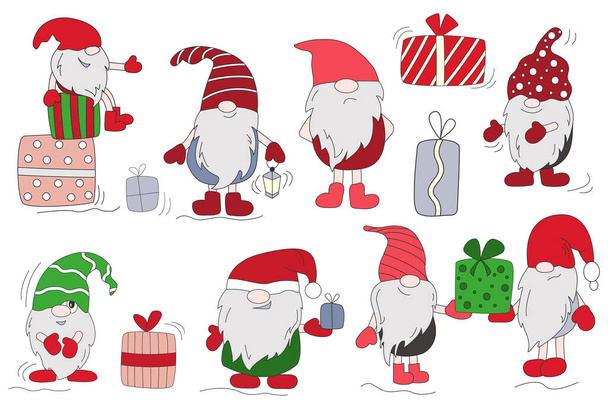 Conjunto de gnomos multicolores de dibujos animados. Gnomos con regalos. Regalos de Navidad y Año Nuevo. Imagen aislada sobre fondo blanco. - Foto, Imagen