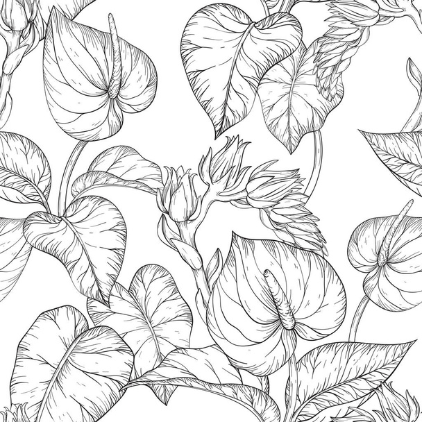 Seamless pattern with Tropical palm leaves and flowers, Black and white . - Vector, Image