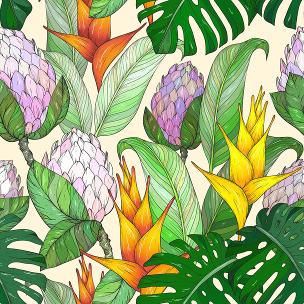 Seamless pattern with Tropical flowers and leaves. Hand drawn jungle leaves and exotic flowers. Black and white - Vektor, kép