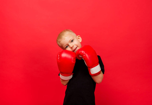 πορτρέτο ενός μικρού αγοριού μποξέρ με κόκκινα γάντια πυγμαχίας σε κόκκινο φόντο - Φωτογραφία, εικόνα