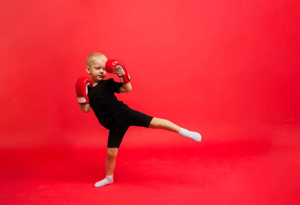 ένα μικρό αγόρι πυγμάχος με κόκκινα γάντια πυγμαχίας κάνει μια κλωτσιά σε ένα κόκκινο φόντο με μια θέση για κείμενο - Φωτογραφία, εικόνα