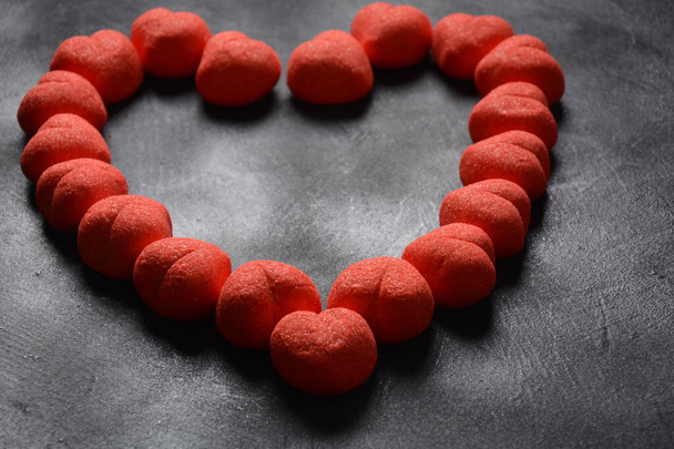 Heart-Shaped red Marshmallows Colored sweet chewy candies.Wedding or Valentine's Day concept - 写真・画像