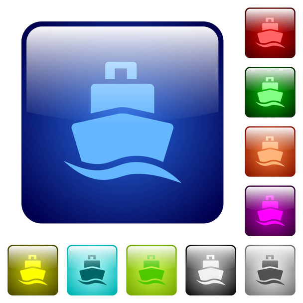 Ícones de navio de cruzeiro em conjunto de botão brilhante cor quadrada arredondada - Vetor, Imagem
