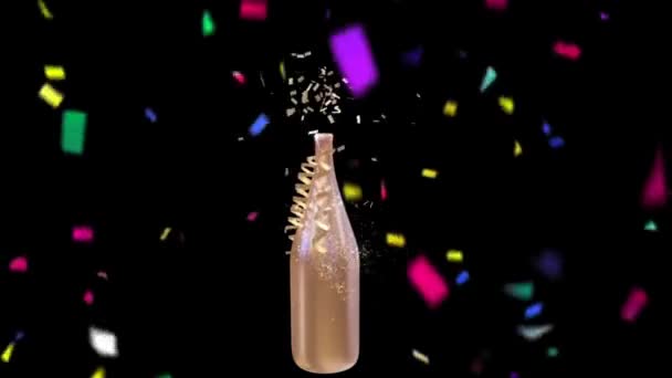 Wijnfles Champagne met Confetti Vallende op zwarte achtergrond 4K Animatie. Vuurwerk op feest nacht viering. - Video