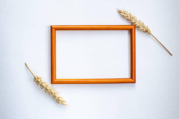 wooden, brown frame with yellow branches and space for text on a white background. Top view - 写真・画像
