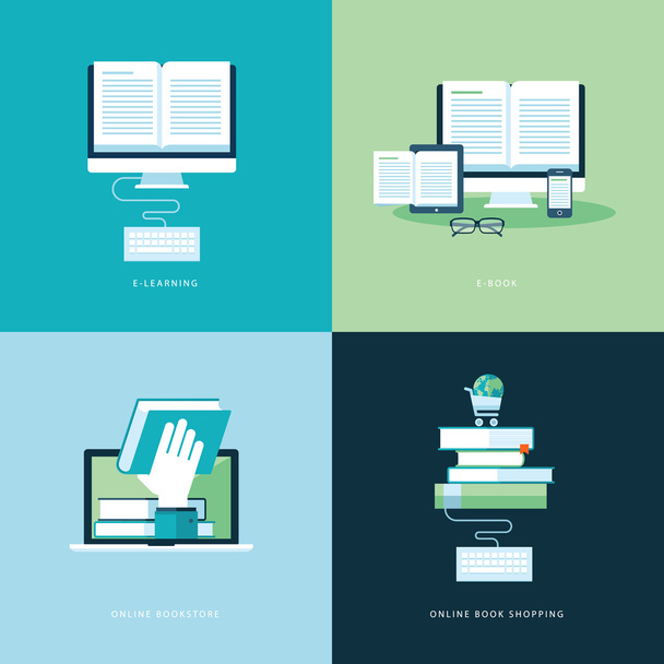 Conjunto de iconos de concepto de diseño plano para libro en línea
 - Vector, imagen