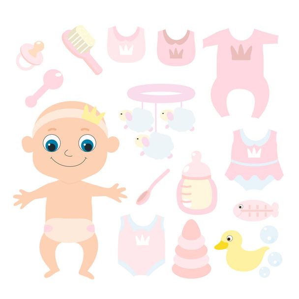 Set for the newborn or the first year of life and children's subjects: mobile, a comb, a feeding bottle, a pacifier, a duck, a body, a bib. Vector illustration of a girl in pastel soft pink tones. - Vector, Image