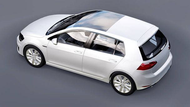 Bílý malý rodinný auto hatchback na šedém pozadí. 3D vykreslování - Fotografie, Obrázek