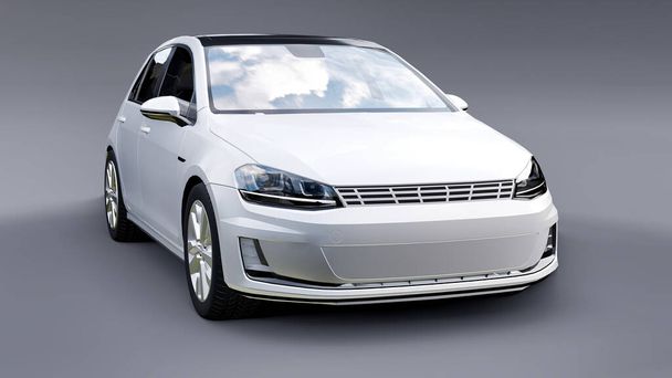Bílý malý rodinný auto hatchback na šedém pozadí. 3D vykreslování - Fotografie, Obrázek